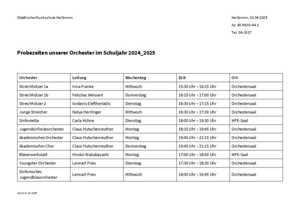 Probezeiten der Orchester und Ensembles im Schuljahr 2024_2025