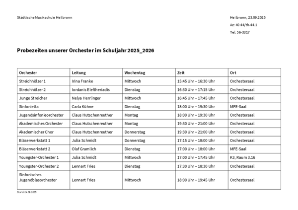 Probezeiten der Orchester und Ensembles im Schuljahr 2025_2026