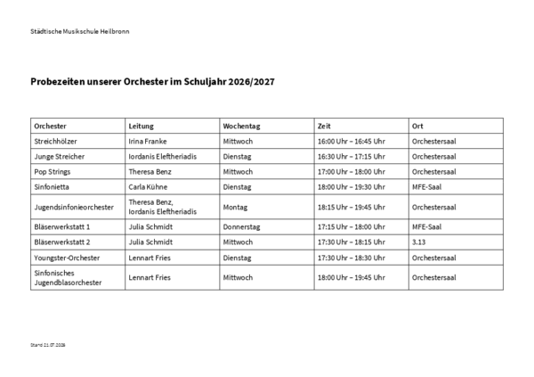 Probezeiten der Orchester und Ensembles im Schuljahr 2026_2027