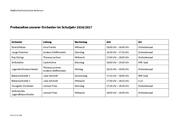 Probezeiten der Orchester und Ensembles im Schuljahr 2026_2027
