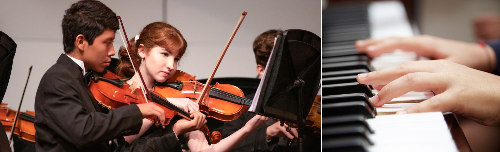Man sieht zwei Jugendlich beim Violine spielen und Hände am Klavier