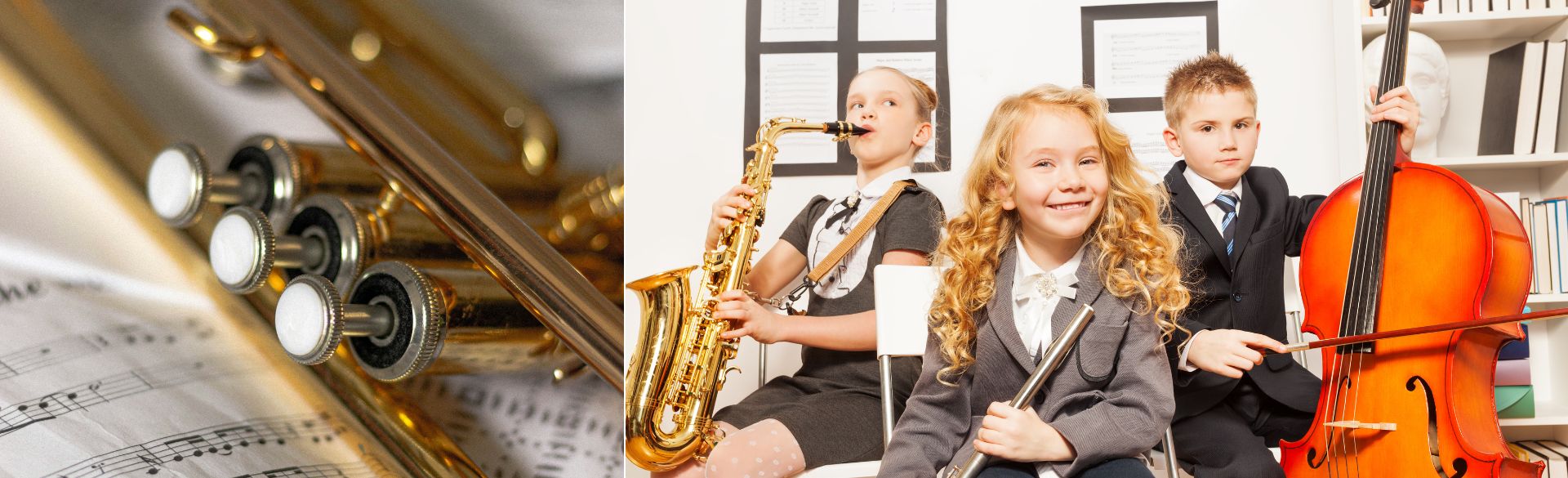 Man sieht eine Trompete und Kinder, die Spaß am Musizieren haben