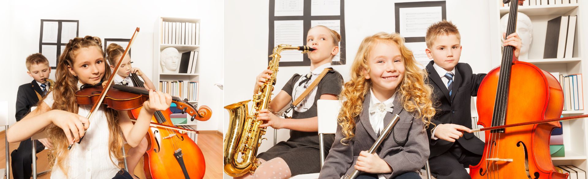 Man sieht Kinder, die Spaß am Musizieren haben