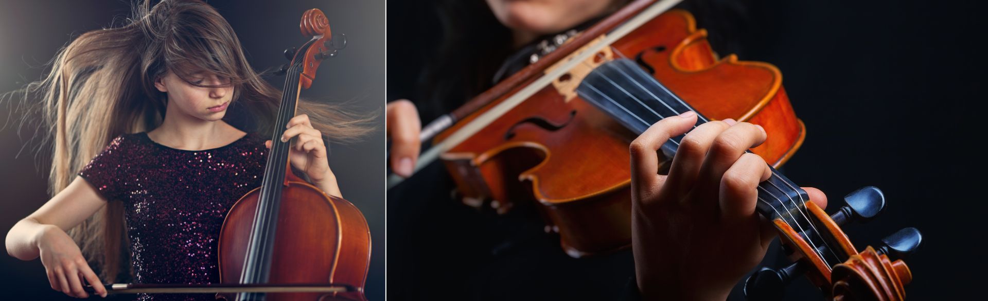 Man sieht eine junge Frau die Cello spielt sowie eine Person die Geige spielt