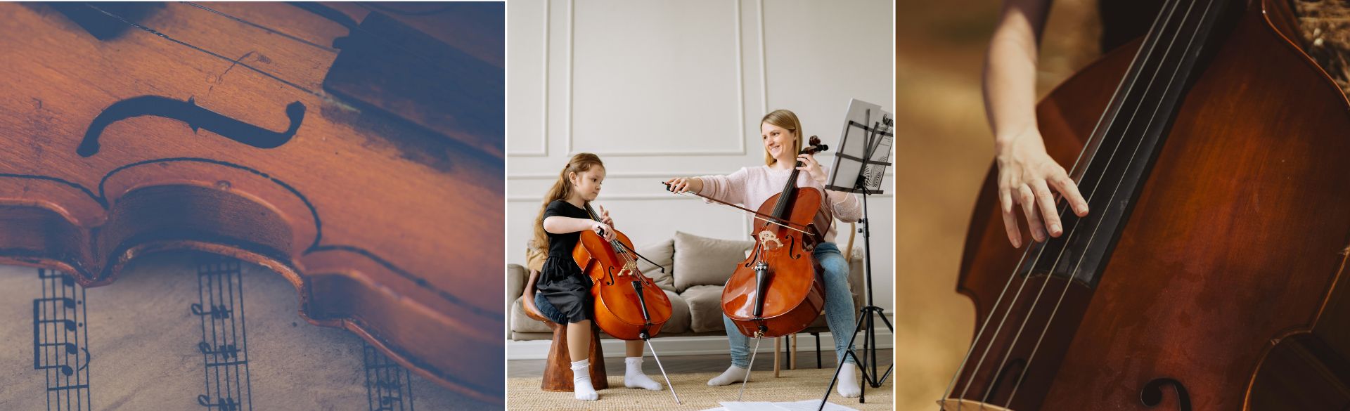 Man sieht eine Geige, ein Cello und einen Kontrabass