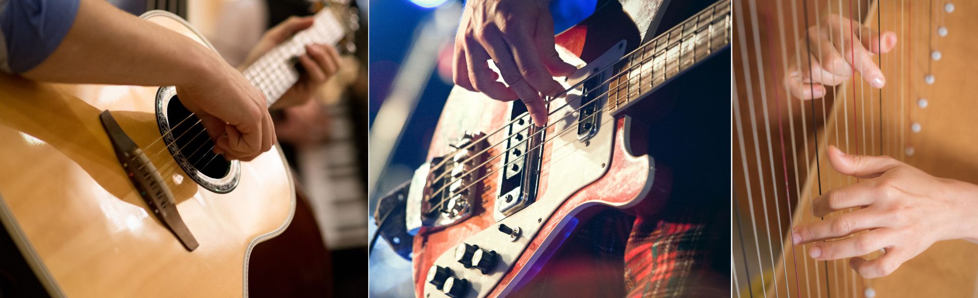 Man sieht zwei Gitarren und eine Harfe